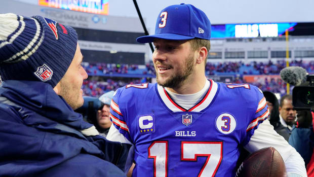 Buffalo Bills quarterback Josh Allen (17) after the game against the New England Patriots at Highmark Stadium.